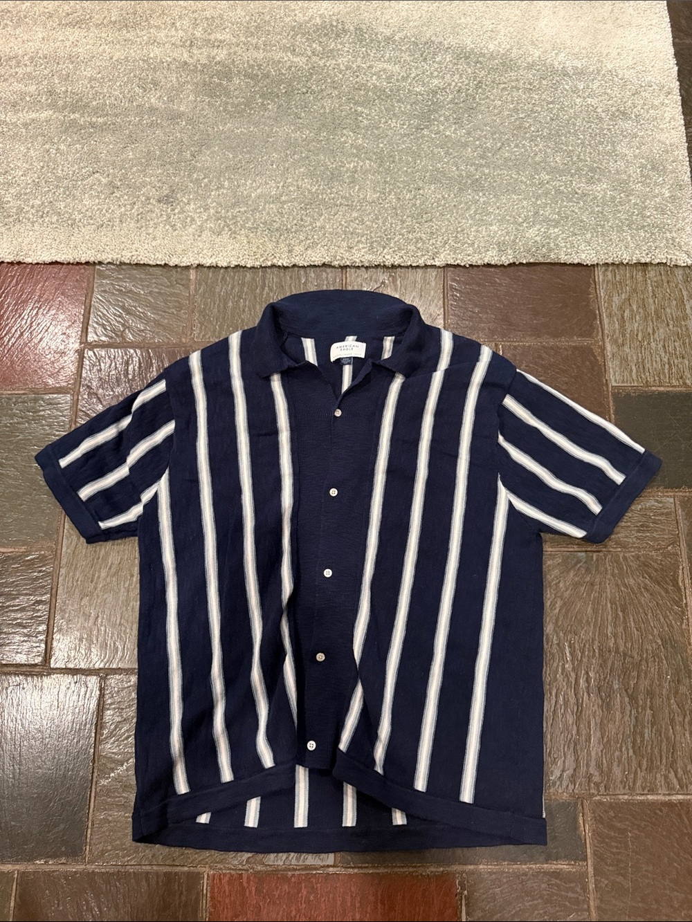 American eagle  Navy & White Vertical Stripe Short-Sleeve Shirt